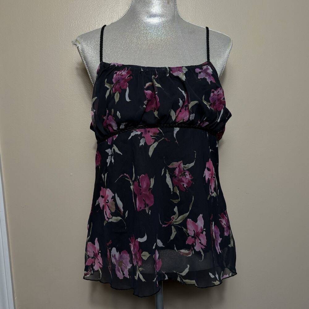 Fahion Bug Womens Floral Black Chiffon Tank Top Baby Doll XL Braided Straps Goth